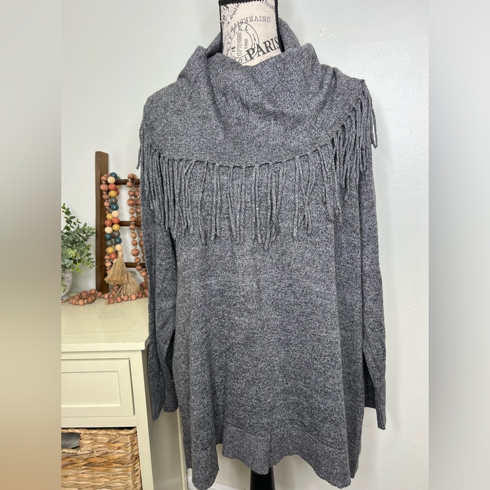 Chelsea & Theodore Cowl Neck Fringe Sweater